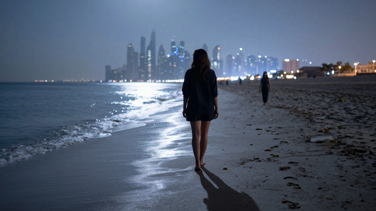 A person walks barefoot on Jumeirah Beach at night, moonlight reflecting on wet sand.